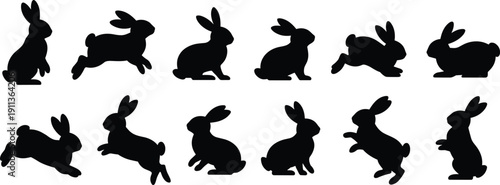 Rabbit silhouette set featuring jumping running sitting poses, black bunny animal shapes isolated on white background for graphic design