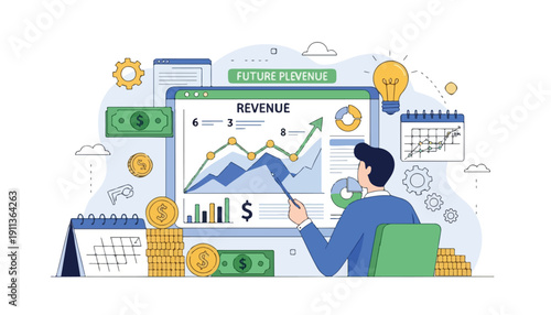 Businessman analyzing financial revenue growth and business strategy on a computer screen with charts and money.