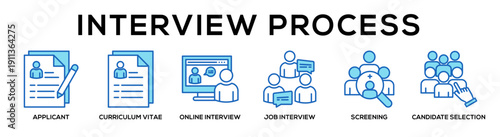 Blue - Interview Process web banner icon vector illustration concept for business with icon of Applicant, curriculum vitae, Online Interview, job interview, screening, Candidate.