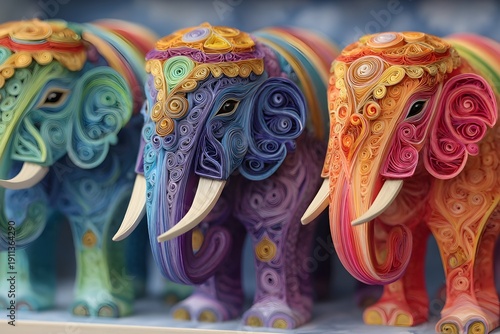 Colorful paper quilling elephant illustration with floral decorative background and copy space for greeting card design
