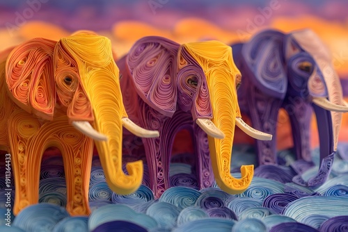 Colorful paper quilling elephant illustration with decorative floral background and copy space
