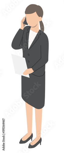 スマホで通話する会社員女性・アイソメトリック