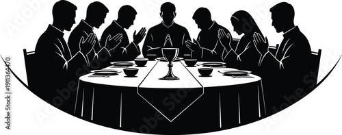 Black silhouette of a religious group praying together at a round table, communal meal and spiritual fellowship for church events, faith, and community