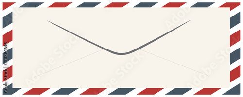 Vintage airmail postcard back template with diagonal blue and red stripe. Travel post card blank backside. Air mail envelope frame with postage place. Vector illustration isolated on white