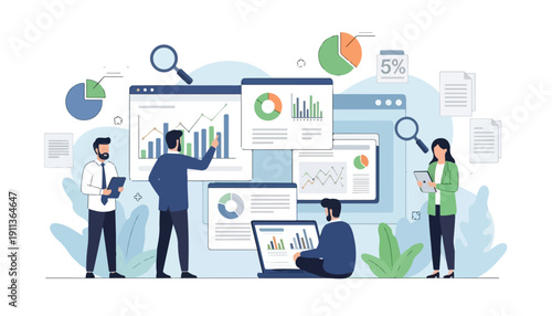 Business people analyzing data and financial reports on multiple screens and dashboards with charts and graphs.