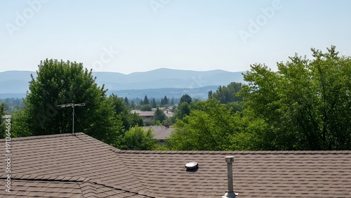 Residential Roofscape with Distant Mountains and Lush Green Canopy View