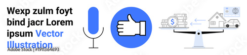 Audio technology, approvals, digital communication, financial balance, wealth management, business tools. Microphone, thumbs-up gesture financial scales and icons. Audio technology and approvals