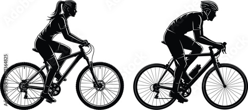Male and female cyclists riding bicycles silhouette isolated on white background sport fitness vector illustration set