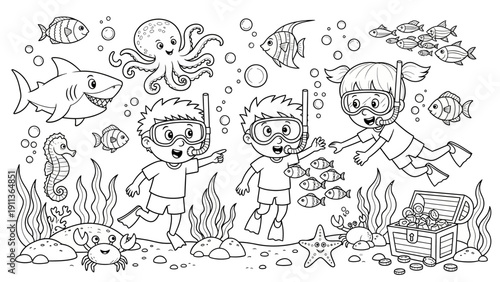 Children Snorkeling Underwater Sea Life.