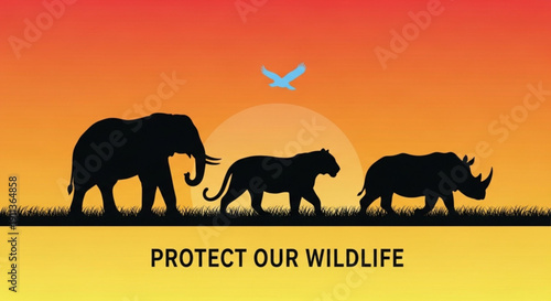 Wildlife conservation concept with elephant tiger rhino silhouettes at sunset protect our wildlife text