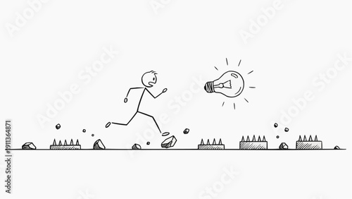A hand drawn illustration depicts a person running towards a glowing lightbulb representing a new idea or innovation silhouette high quality professional detailed