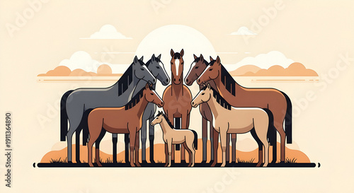 National Horse Protection Day,  Nine horses in varied colors standing together in a semi-circle beneath a pastel sky with soft clouds and warm sunlight