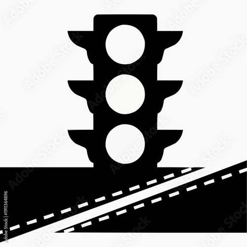 A black and white depiction of a traffic light over a road with dashed lane markings presented as a silhouette high quality professional