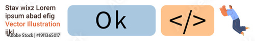 User experience, coding, decision-making, digital interaction, risk management, workplace hazard. Large OK button, code symbol and falling person. User experience and risk management