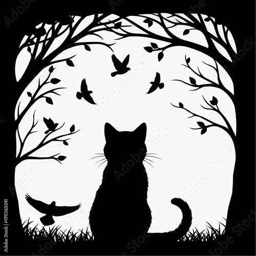 A striking black silhouette of a cat sits beneath a tree with flying birds creating a dramatic and peaceful nighttime scene silhouette