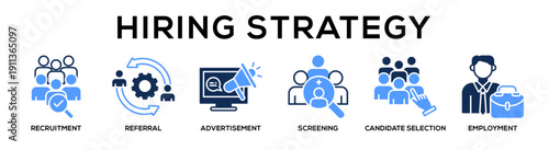 Glyphcolor - Hiring Strategy web banner icon vector illustration concept for business with icon of recruitment, referral, advertisement, screening, Candidate Selection,.