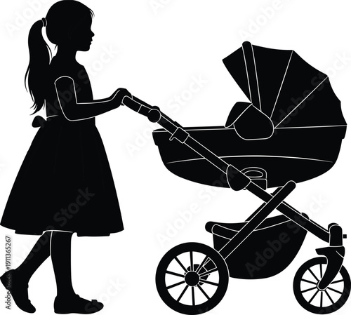 Black silhouette little girl pushing baby stroller pram walking outdoors motherhood childcare family concept vector illustrationPrint