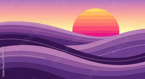 Vibrant sunset over wavy purple hills with orange and pink hues in the sky