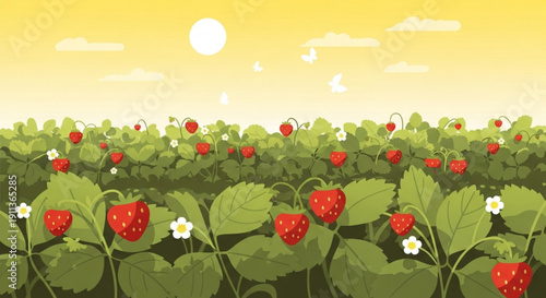 Strawberry field with ripe red strawberries and green leaves under sunny yellow sky with fluffy white clouds