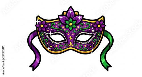 Vibrant purple mardi gras mask with floral design and colorful ribbons for festive occasions