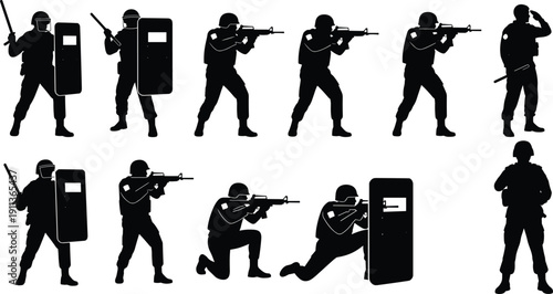 Army and police tactical soldier silhouettes with rifles and shields isolated on white background vector illustration set
