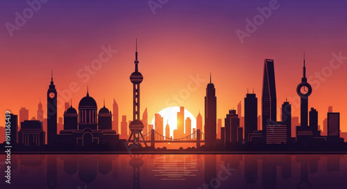 Silhouette of modern city skyline at sunset with skyscrapers and towers over water urban landscape with vibrant orange and purple sky