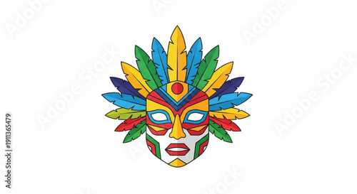 Colorful tribal mask with feathered headdress illustration on white background
