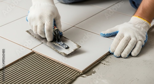 Skilled hands applying tile adhesive with trowel for perfect floor tiles