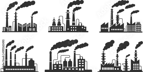 Industrial factory pollution silhouettes set with smoking chimneys and power plants isolated on white background representing environmental pollution, manufacturing industry and urban smog 