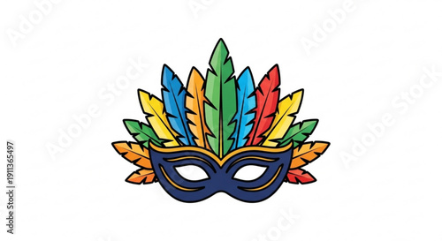 Vibrant mardi gras mask with colorful feathers and gold accents on white background