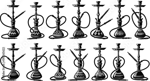Hookah shisha pipe collection with decorative oriental designs isolated on white background vector illustration set