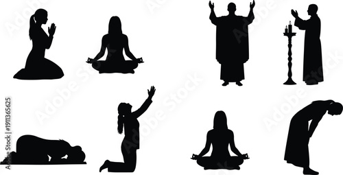 Black silhouette people praying meditating and worshipping in different spiritual poses for religion faith and mindfulness vector illustration