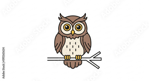Brown owl sitting on branch with big eyes looking ahead