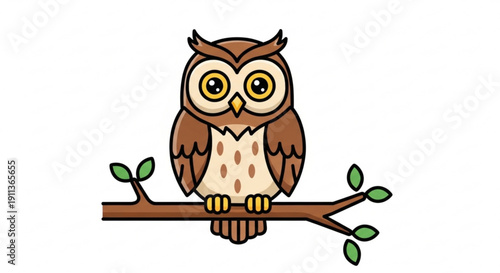 Brown owl perched on branch with green leaves looking forward