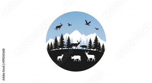 Wildlife scene with deer birds and trees in a mountain landscape