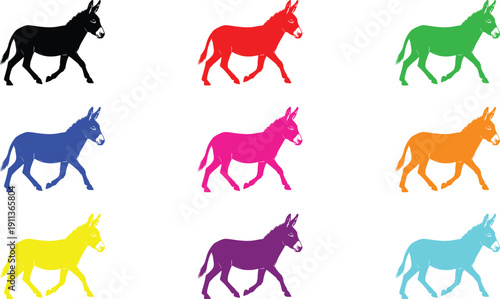 Colorful Donkey Silhouette Pop Art Grid, Minimalist Animal Vector Icons on White