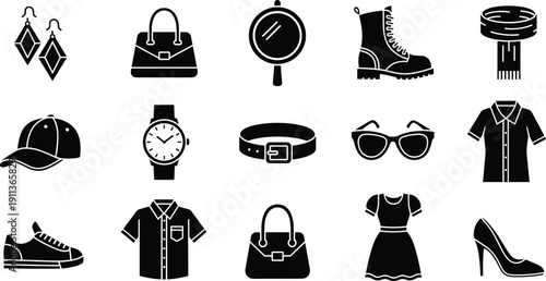 Clothing and fashion accessories silhouette icon set isolated on white background apparel vector illustration collection