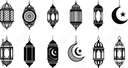 Collection of black silhouette Islamic lanterns and crescent moons, traditional Fanous lamps for Ramadan Kareem, Eid Mubarak, and decorative religious celebration vector icon set