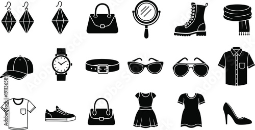 Fashion accessories and clothing icons set isolated on white background apparel vector illustration collection
