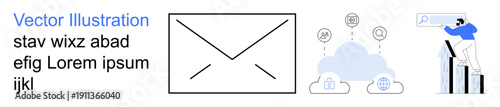 Email exchange, cloud storage, data analytics, business growth, connectivity, digital tools. Envelope icon, cloud symbols with data links and person analyzing charts. Email exchange and cloud