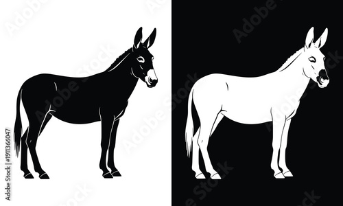Black and White Mule Silhouette Vector Art, Farm Animal Burro Minimalist Design Set