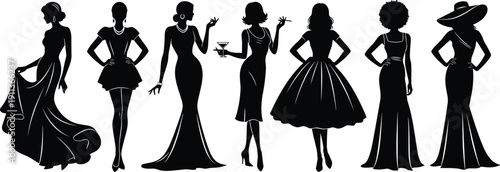 Elegant women silhouettes in glamorous evening gowns isolated on white background stylish fashion vector illustration collection set