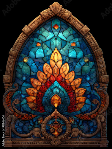 close up of stained glass window design in church