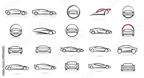 Collection of stylized car outlines and icons.