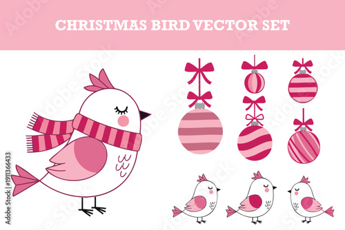 Adorable christmas bird vector set featuring cute chicks with scarves and festive baubles for holiday designs