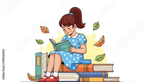 Girl Reading on Stack Books.