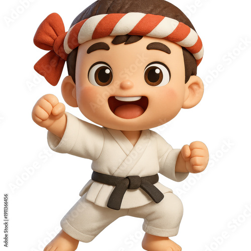 Wallpaper Mural Cheerful Cartoon Karate Kid in White Uniform with Red and White Headband Posing. Torontodigital.ca