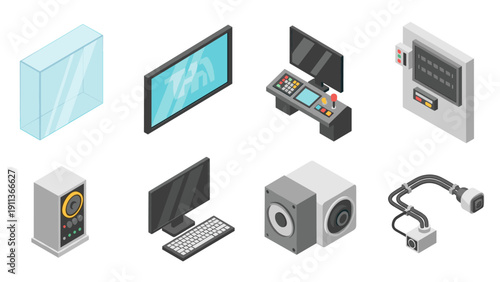 Isometric technology icons set featuring computer equipment and
