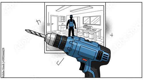 Construction worker with drill in comic style interior setting
