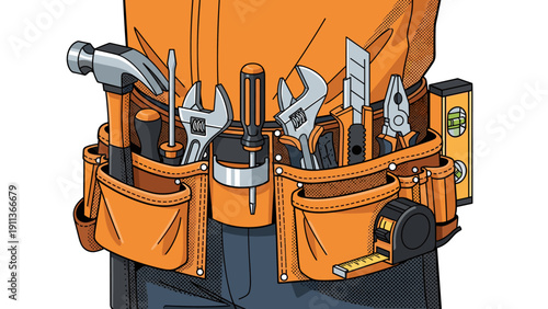 Construction toolbelt equipped with essential hand tools in detailed